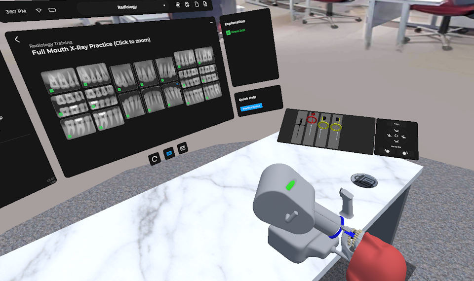 Teo radiology lab in VR: the X-ray tube head positioned over the patient with the full-mouth practice screen alongside